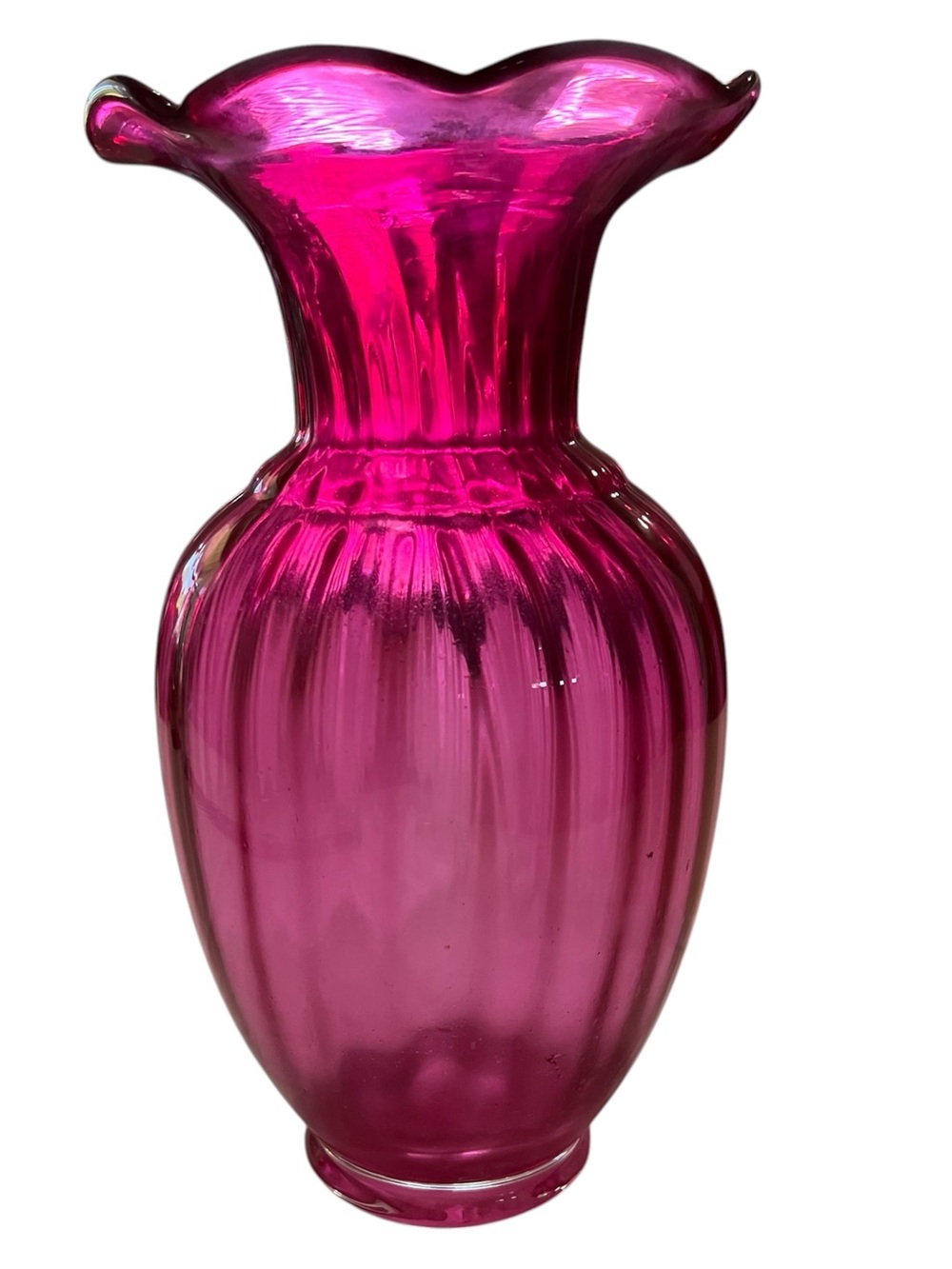 RARE Large Fenton Cranberry Ruffled Trumpet Vase 10 1/2”